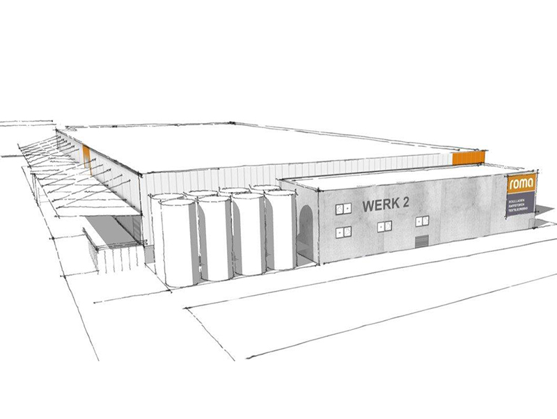 Visualisierung der neuen Roma Produktionshalle Werk 2. Foto: © Freyler