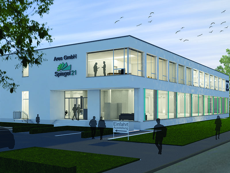 Zurzeit baut die Ares GmbH am Standort Lünen auf einem 25.000 Quadratmeter großen Grundstück eine neue Produktionshalle. Nach der Fertigstellung wird allein der Ausstellungsbereich über 1.000 Quadratmeter groß sein und die ganze Vielfalt der Spiegel und Badezimmer-Produkte des Unternehmens zeigen. Foto: © Ares GmbH