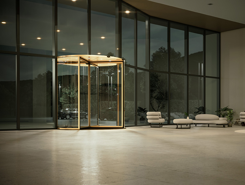 Die Karusselldrehtür Revo.Prime punktet mit einem niedrigem Energieverbrauch in Sachen Nachhaltigkeit. Foto: © Geze GmbH