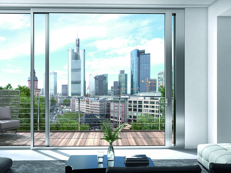 Auf der BAU 2019 in München hat Schüco neue Lösungen präsentiert, die Lärm in Innenräumen und in Außenräumen reduzieren können. Ein Beispiel dafür ist ein Aluminium-Schiebeelement, das mit einem ANC-Lüftungsmodul (Active Noise Cancelling) in Galandage-Ausführung ausgestattet ist. Bei geschlossenem Schiebeelement liegt das ANC-Lüftungsmodul verdeckt in der Wand. Zum Lüften wird über die Handhebelstellung am Schiebeflügel das ANC-Lüftungsmodul aus der Wand herausgefahren. Foto: © Schüco International KG