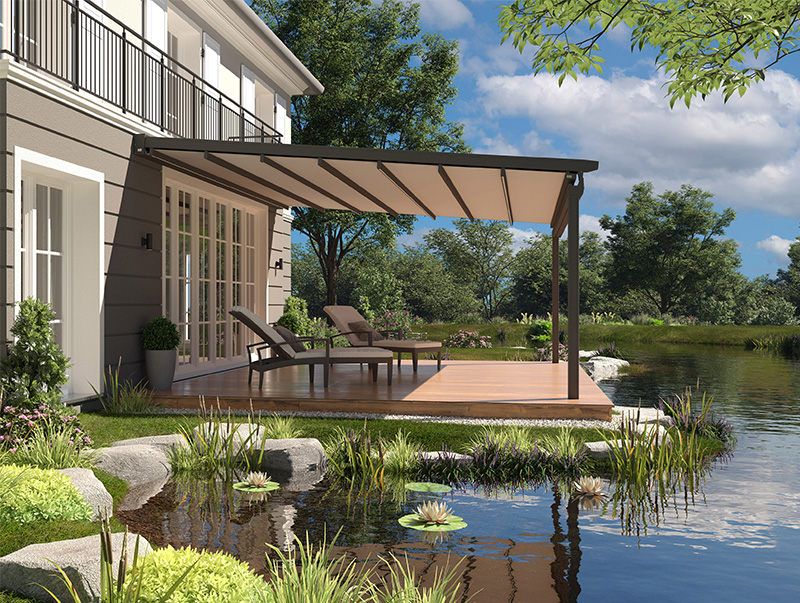 Vor allem im Gastro- und Objektbereich sowie im gehobenen privaten Umfeld setzt die Sonnenschutz-Pergola Maßstäbe. Foto: © Lewens