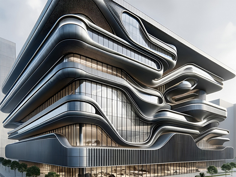 Denkbar sind auch futuristisch anmutende Fassadengestaltungen mit Keramikelementen beispielsweise mittels glatter, wellenförmiger Formen. Foto: © Leipfinger-Bader / DALL-E