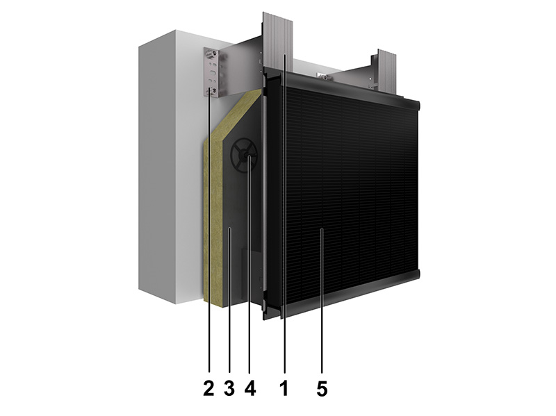 Systemschnitt: 1 Unterkonstruktion 2 Verankerung 3 Dämmung 4 Befestigung 5 Photovoltaikmodul. Foto: © Sto SE & Co. KGaA