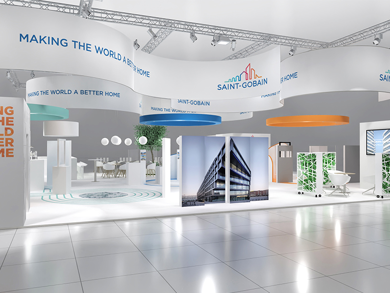 Der Messestand von Saint-Gobain Glass auf der glasstec 2024 widmet sich drei Schwerpunkten: Decarbonisation & Circularity, Performant Solutions und Easy to use. Foto: © Saint-Gobain Glass