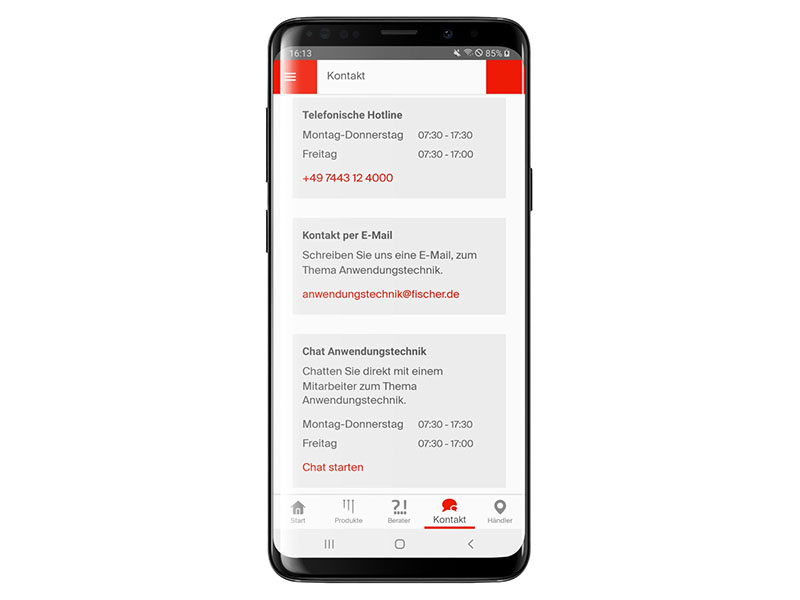 Kontaktaufnahme nach Wunsch: App-Nutzer können nun auch mit den fischer Mitarbeitern zum Thema Anwendungstechnik chatten. Zusätzlich sind die Experten über die Hotline oder per Mail erreichbar. Foto: © fischer