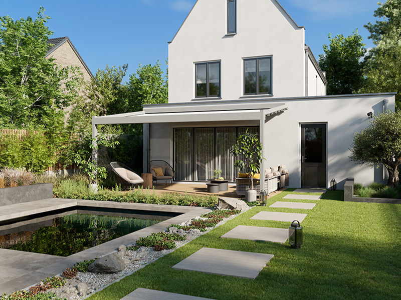 Das auffahrbare PVC-Stoffdach schützt bei Sonne und Regen und verwandelt die Terrasse in einen ganzjährigen Wohn- und Lebensraum. Foto: © Erhardt