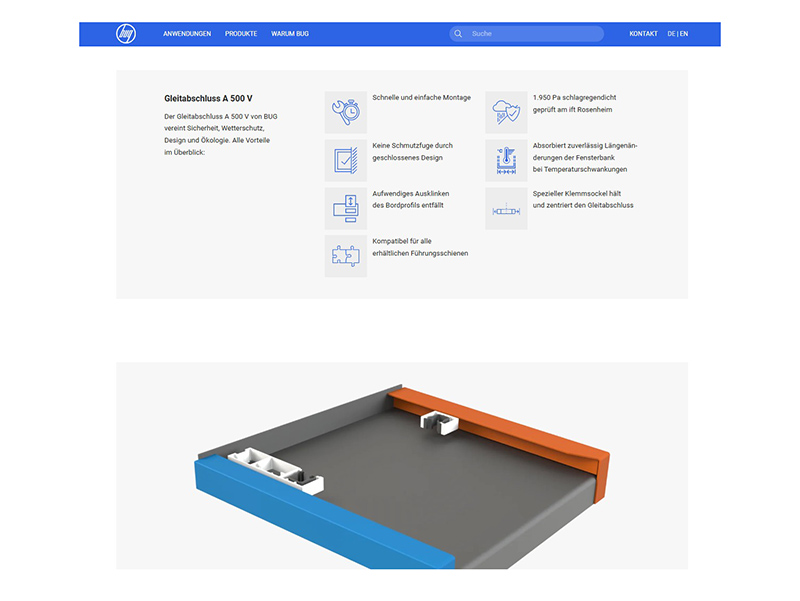 Grafische Darstellung der Produktalleinstellungsmerkmale auf einer Produktinformationsseite. Foto: © BUG Aluminium-Systeme