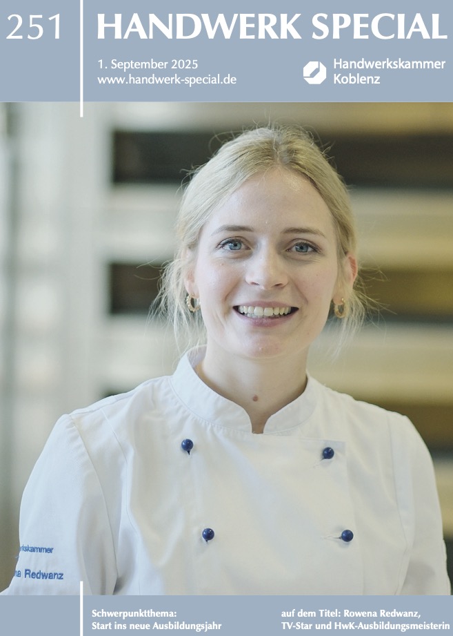 Den Titel zum Ausbildungs-Special ziert HwK-Ausbildungsmeisterin Rowena Redwanz, die jüngst die Sat.1-Show Das große Backen – Die Profis gewinnen konnte – und damit auch für ein hohes Ausbildungsniveau steht. Foto: © HwK Koblenz