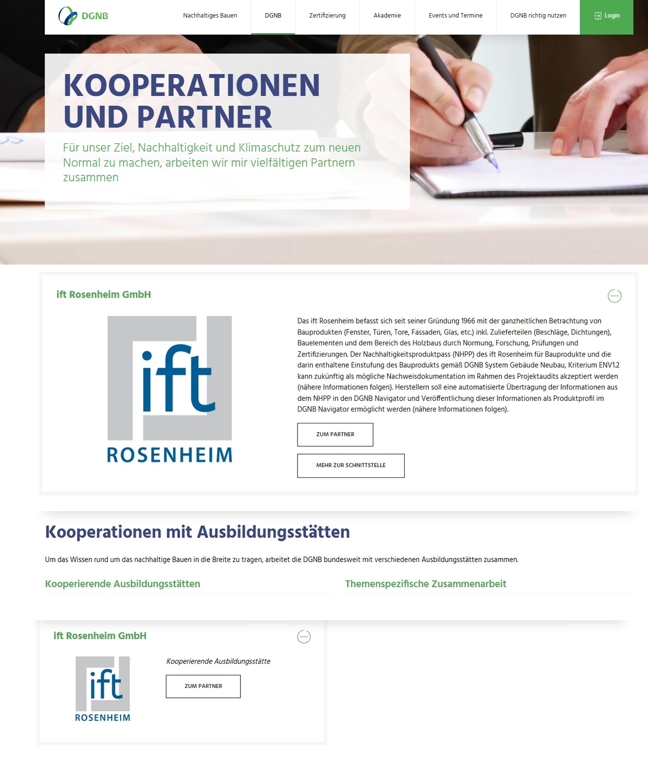 ift Rosenheim und DGNB vereinbaren Kooperation bei Weiterbildung und zur vereinfachten Bewertung nachhaltiger Bauprodukte Foto: © Website DGNB