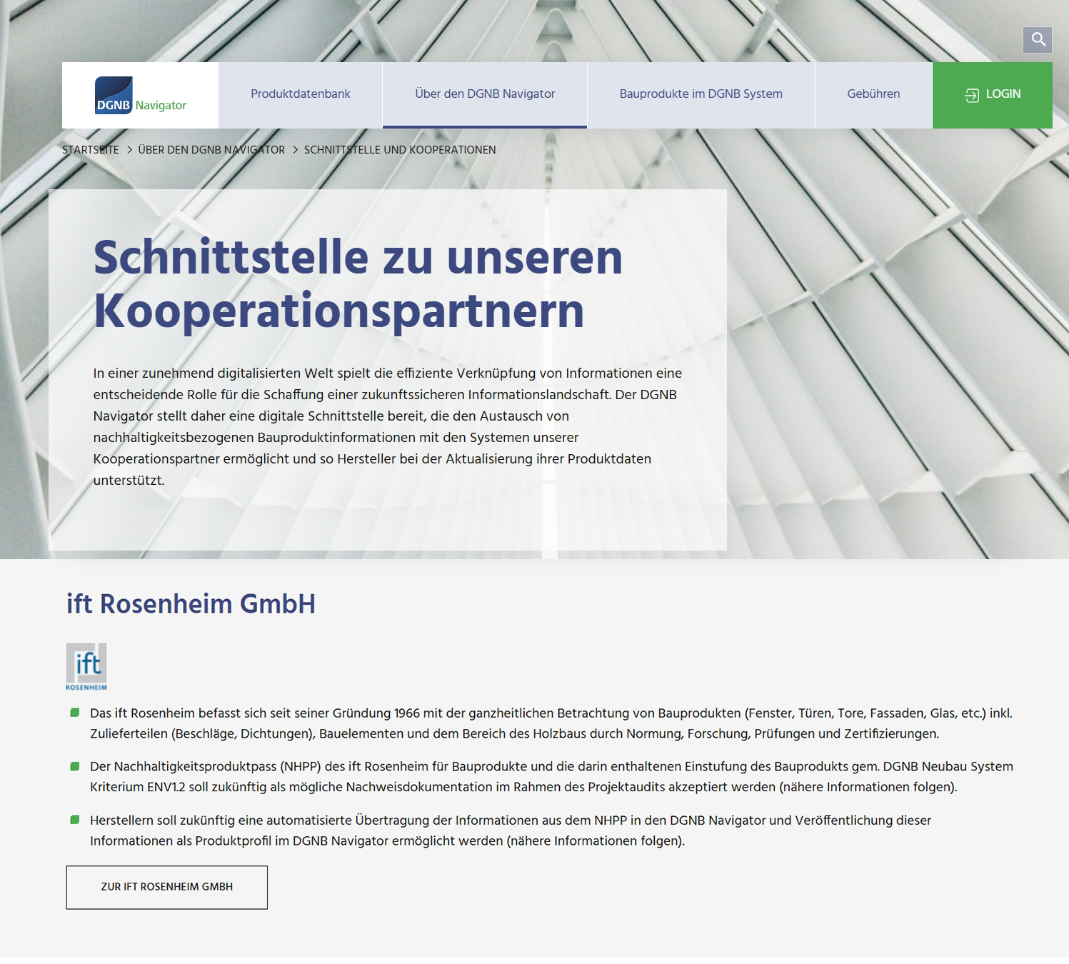 Eine Schnittstelle zwischen DGNB Navigator und ift-Nachhaltigkeits-Produktpass (NHPP) vereinfacht die DGNB Zertifizierung für Hersteller, Auditoren und Planer Foto: © Website DGNB