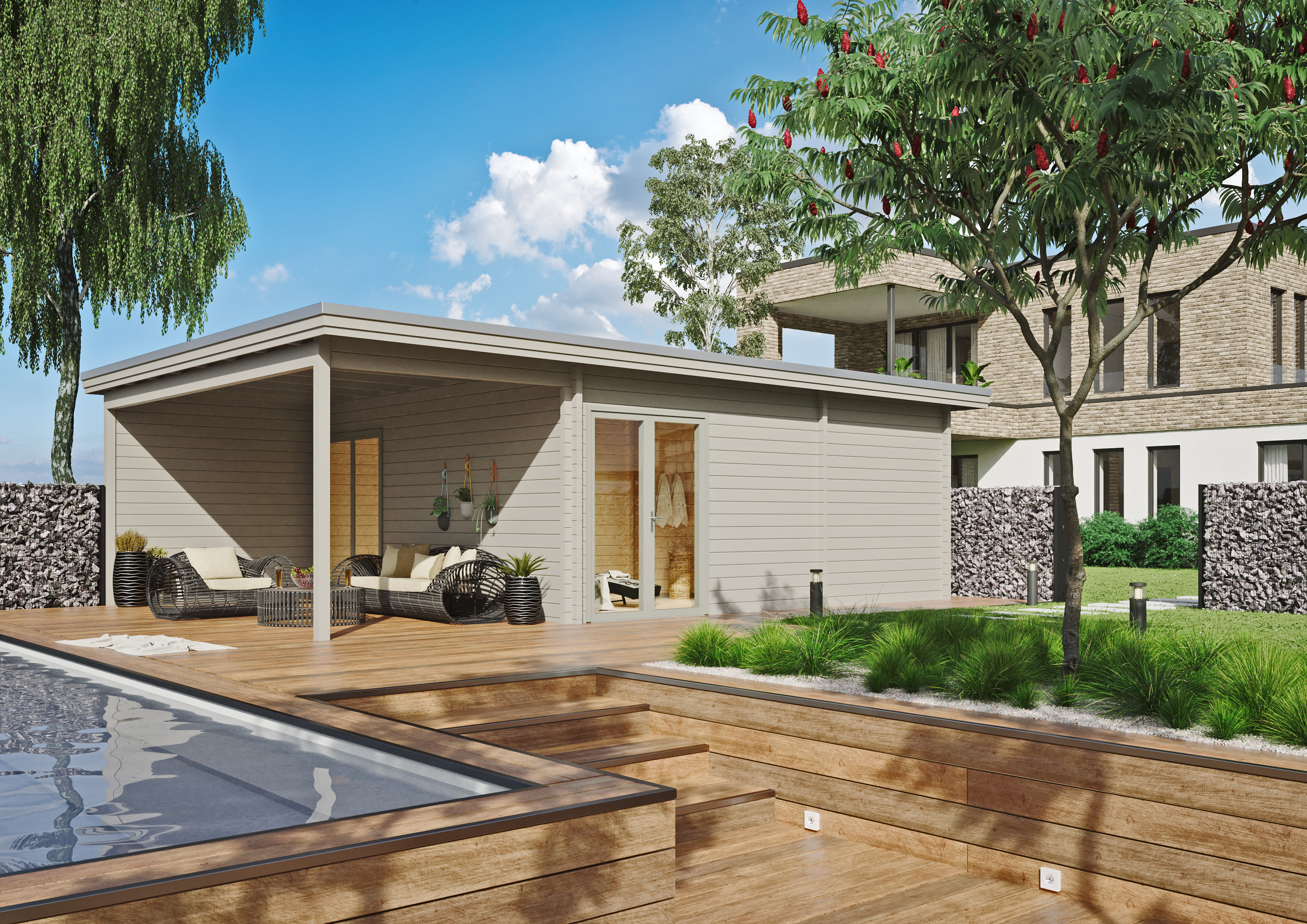 Wer gern viel Zeit mit der Familie und den Freunden draußen verbringt, sollte beim Gartenhaus einen Dachüberstand mit eingebauten LED-Lichtern und ggf. Heizstrahlern mit einplanen. Foto: © Westerhoff