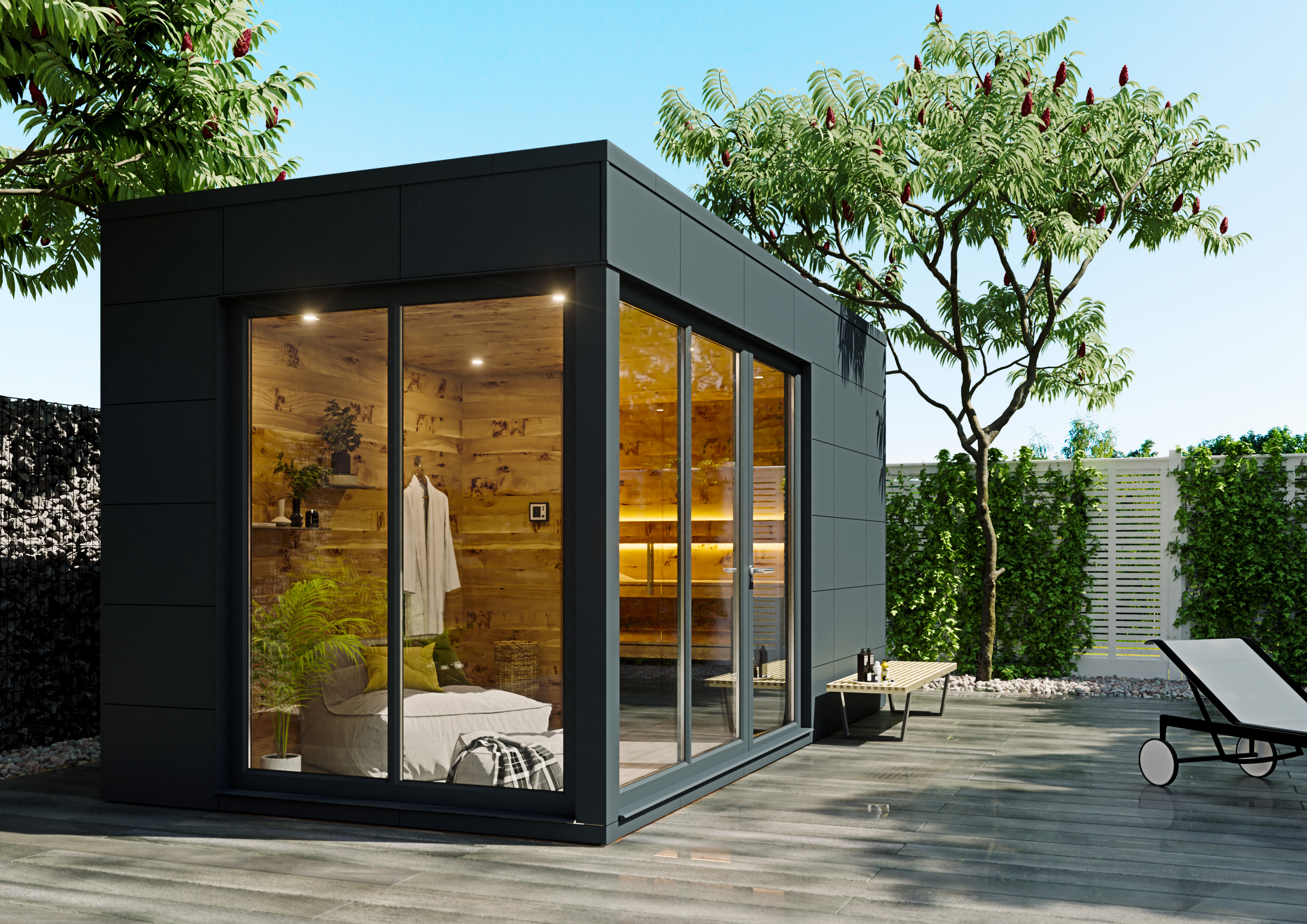 Heute sind bodentiefe Thermopanefenster trendig - wenn es sich sogar um Schiebetür-Elemente handelt, hat man einen direkten Zugang zum Gartenparadies, ohne wertvollen Platz im Gartenhaus zu verlieren. Foto: © Westerhoff