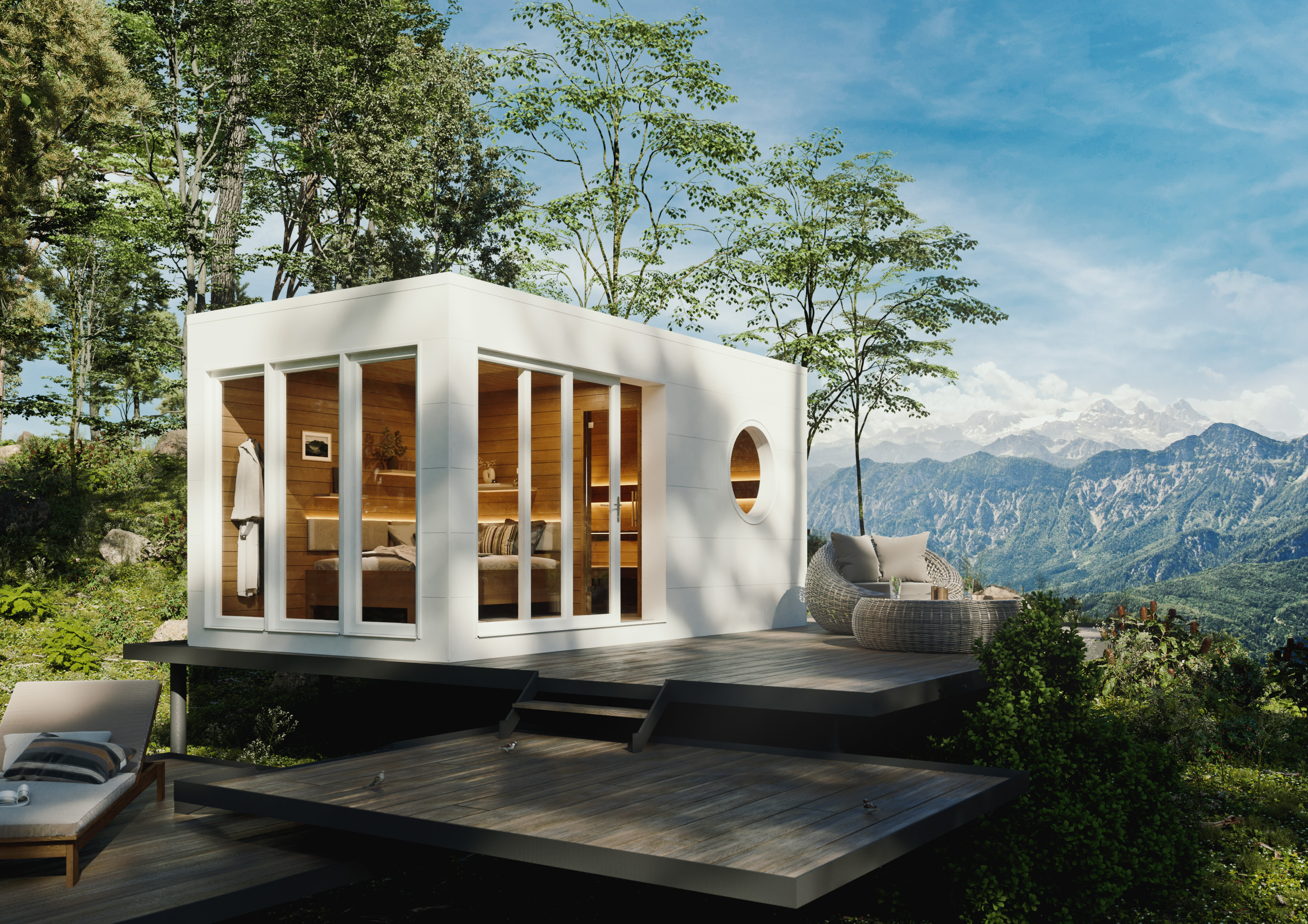 Ein großes Bullaugen-Fenster verleiht einem Gartenhaus mit minimalistischer Architektursprache ein einzigartiges Flair. Foto: © Westerhoff