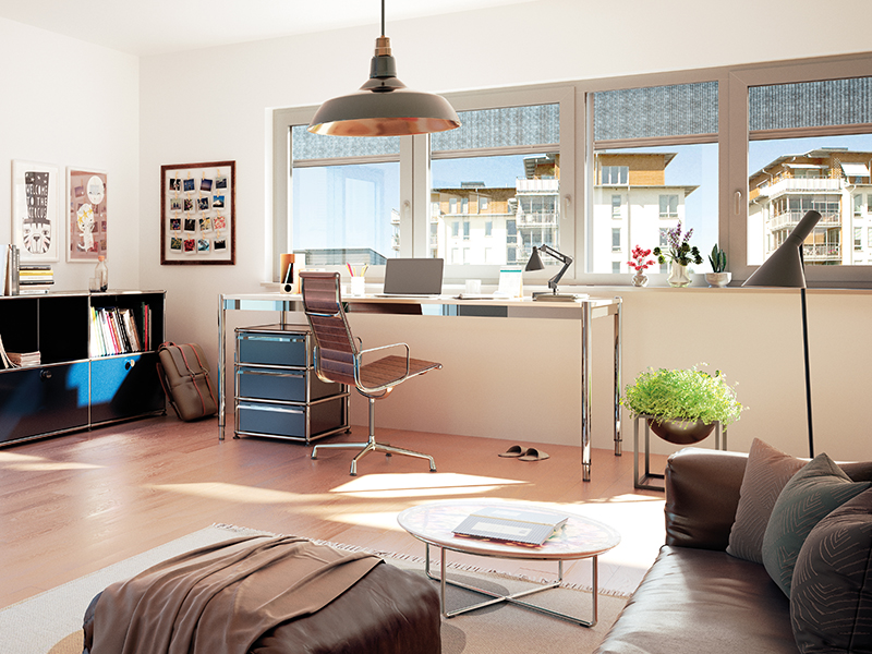 Einen blendfreien Sicht- und Hitzeschutz schafft die Lösung auch im Arbeitszimmer. Foto: © Heroal