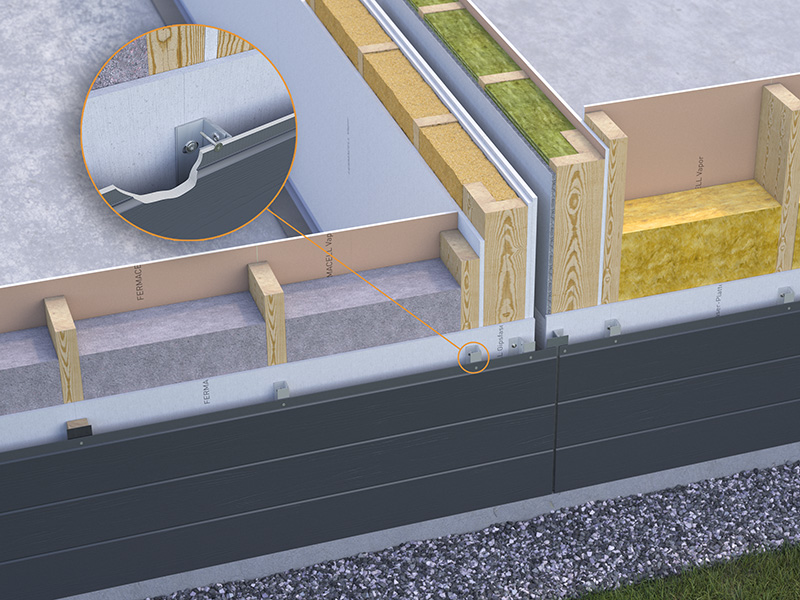 Neben technischen Hinweisen erleichtern anschauliche konstruktive Zeichnungen mit Systemlösungen und praxisnahen Beispielen zu den Produktfamilien fermacell Gipsfaserplatten, fermacell Powerpanel und Hardie Faserzementplatten die Anwendung im Holzbau. Das Bild zeigt eine fermacell Außenwand mit Gebäudetrennfuge. Foto: © James Hardie Europe GmbH