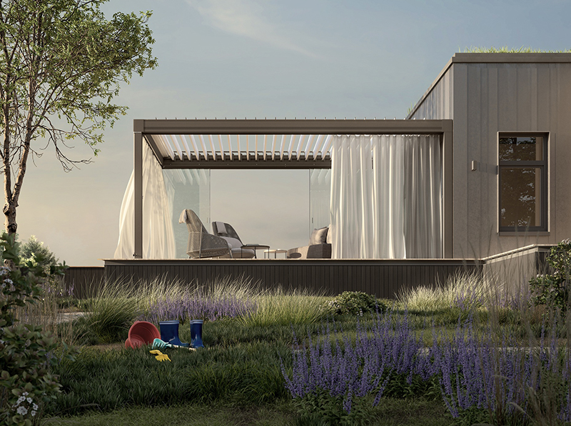 Erg&auml;nzt wird das Sortiment durch pflegeleichte Outdoor-Vorh&auml;nge, die als echter Hingucker f&uuml;r Lamellen- und Terrassend&auml;cher dienen. Foto: © Weinor