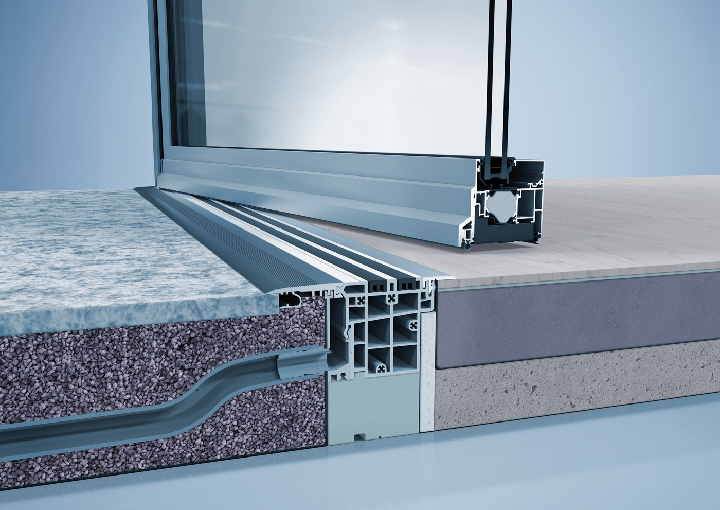 Die niveaugleiche Bodenschwelle verf&uuml;gt &uuml;ber zwei im Rahmen eingelassene Magnetprofile, die sich w&auml;hrend des Schlie&szlig;vorgangs automatisch anheben. Foto: © Heroal