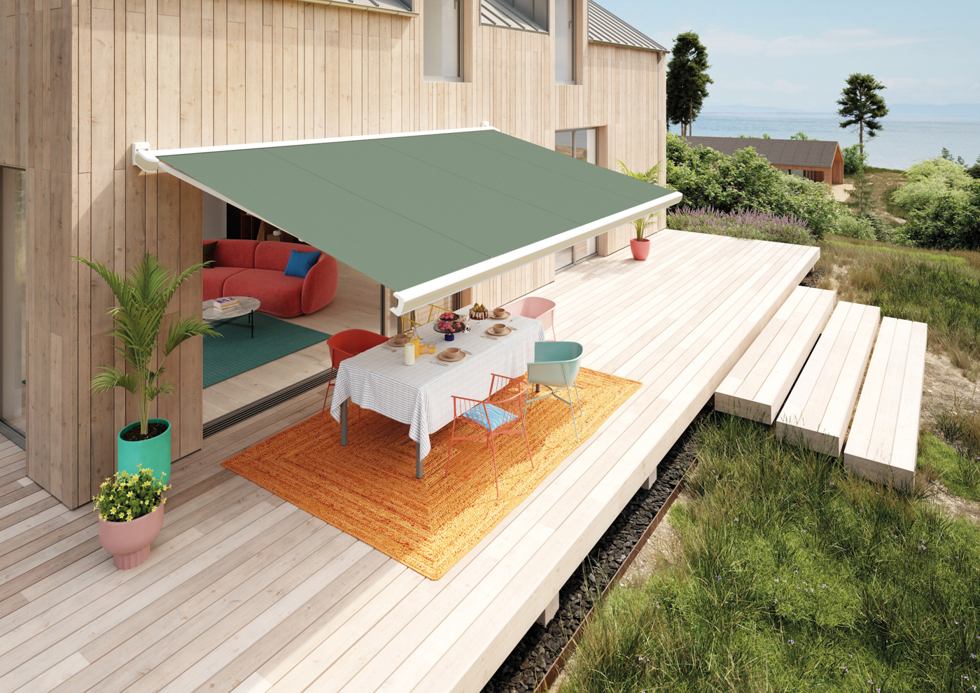 Jede Farbe der neuen Kollektion &ndash; wie hier beispielsweise der Farbton Pistazie & Salbei &ndash; verwandelt den Outdoorbereich in eine ruhige und designorientierte Wohlf&uuml;hloase im Freien. Foto: © Markilux