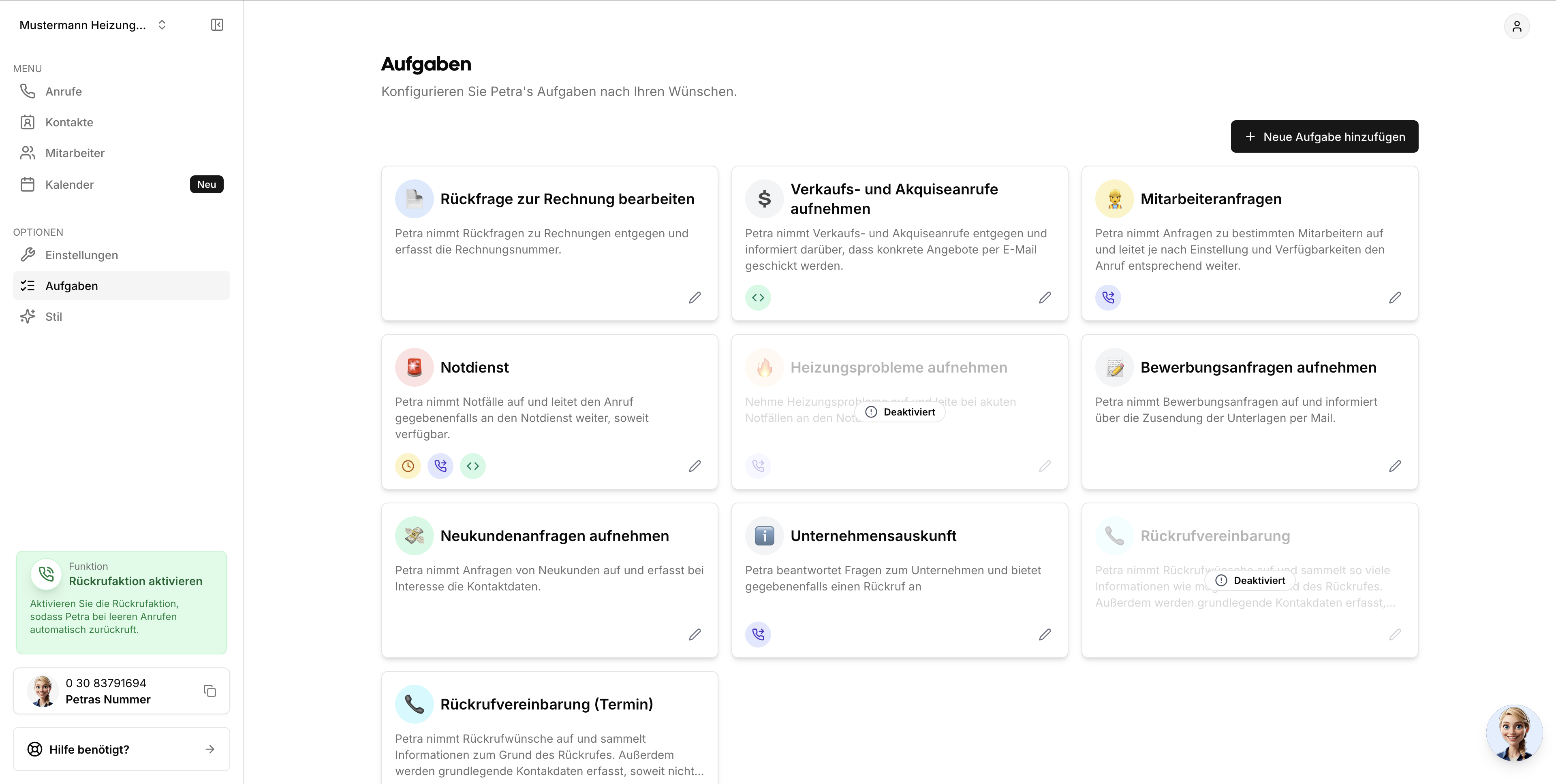 Die Nutzer der KI-Telefonassistenz Petra k&ouml;nnen Aufgaben vergeben, die in der Software bereits eingestellt sind. Foto: © HalloPetra GmbH