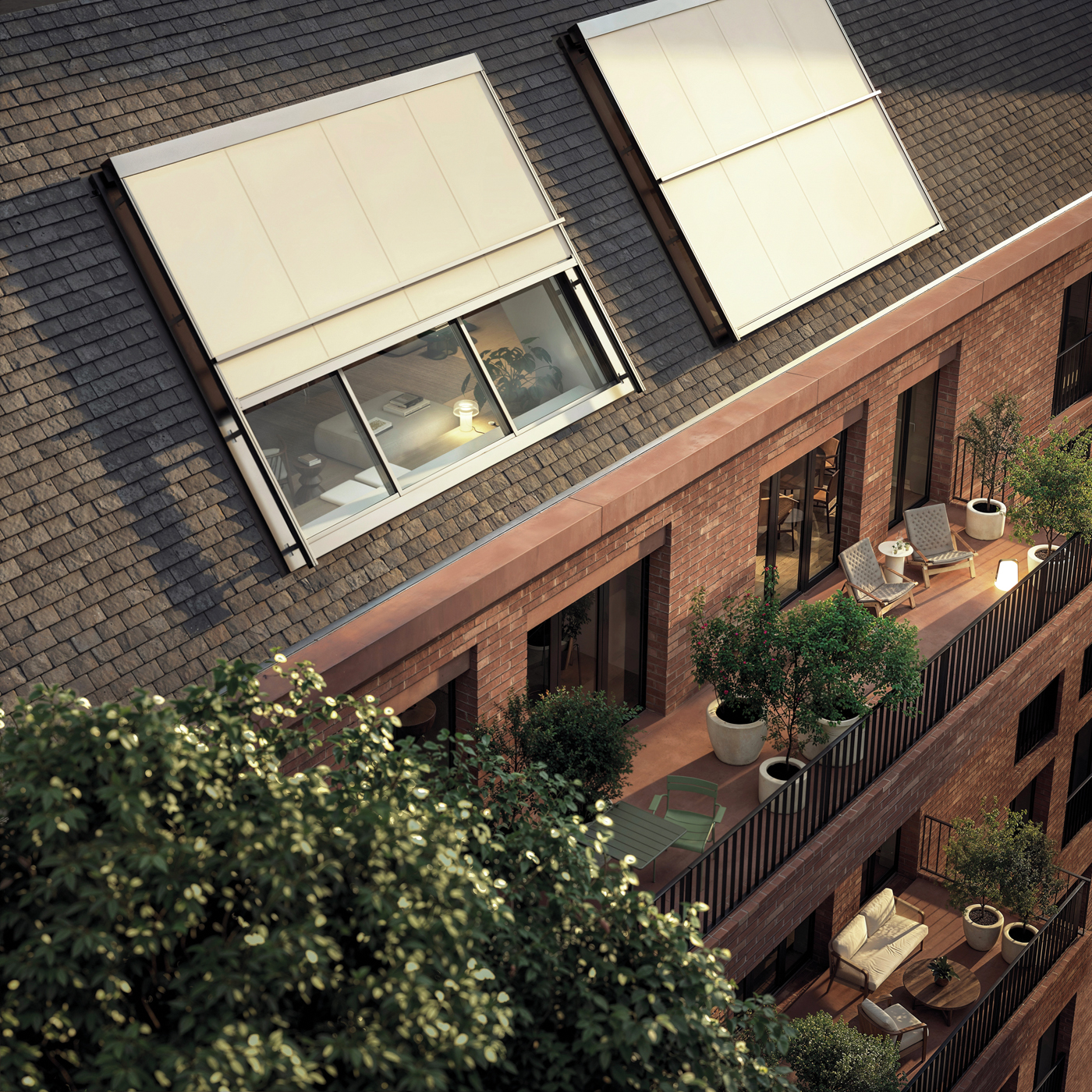 Die neue Aufglas-Markise sorgt f&uuml;r effektive Verschattung gro&szlig;er Glasfl&auml;chen &ndash; mit der F&uuml;hrungstechnologie NexDrive f&uuml;r gleichm&auml;&szlig;ige Tuchspannung und formschl&uuml;ssiges Design. Foto: © Warema