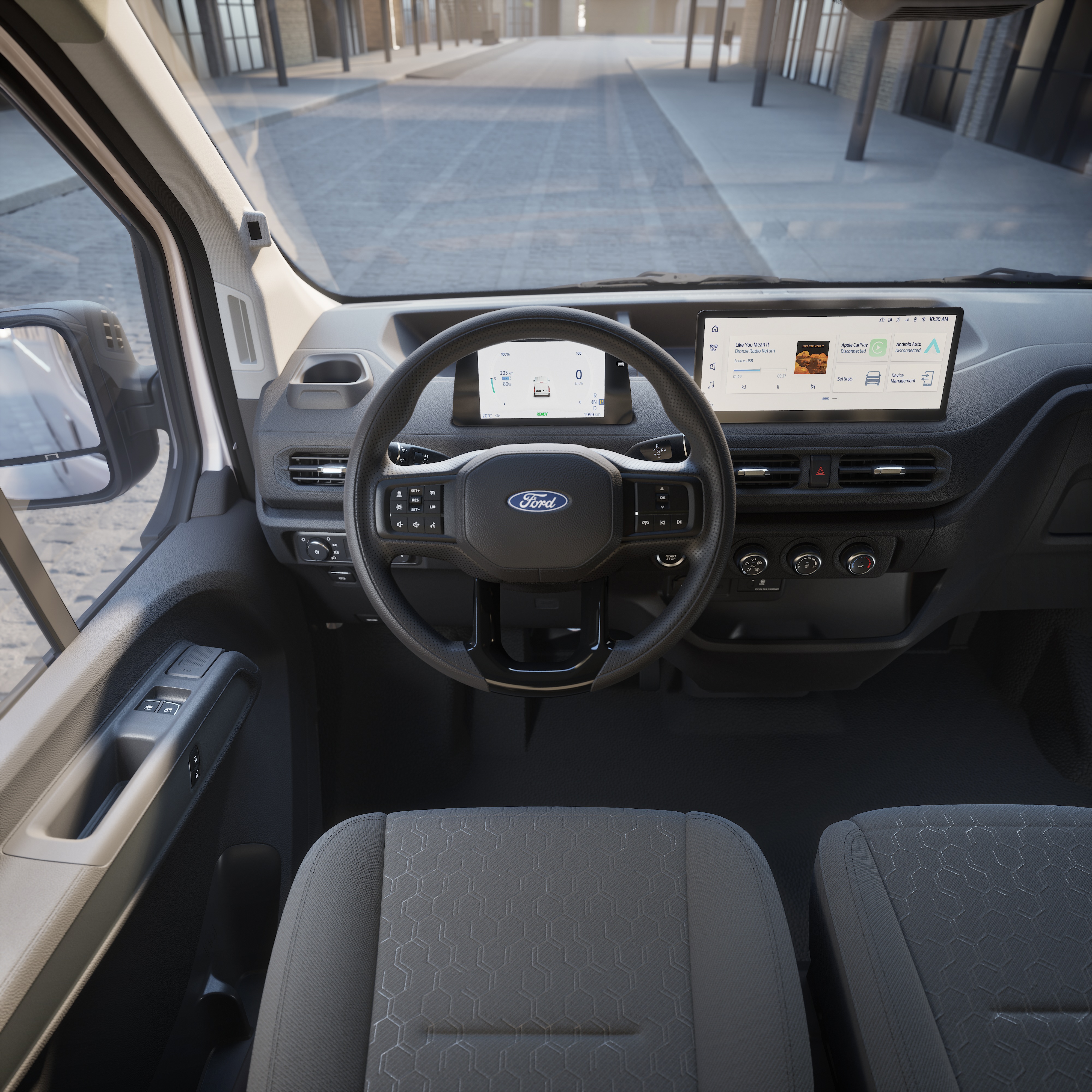 Ein Blick auf das Armaturenbretts des neuen Ford Transit City. Foto: © Ford Pro
