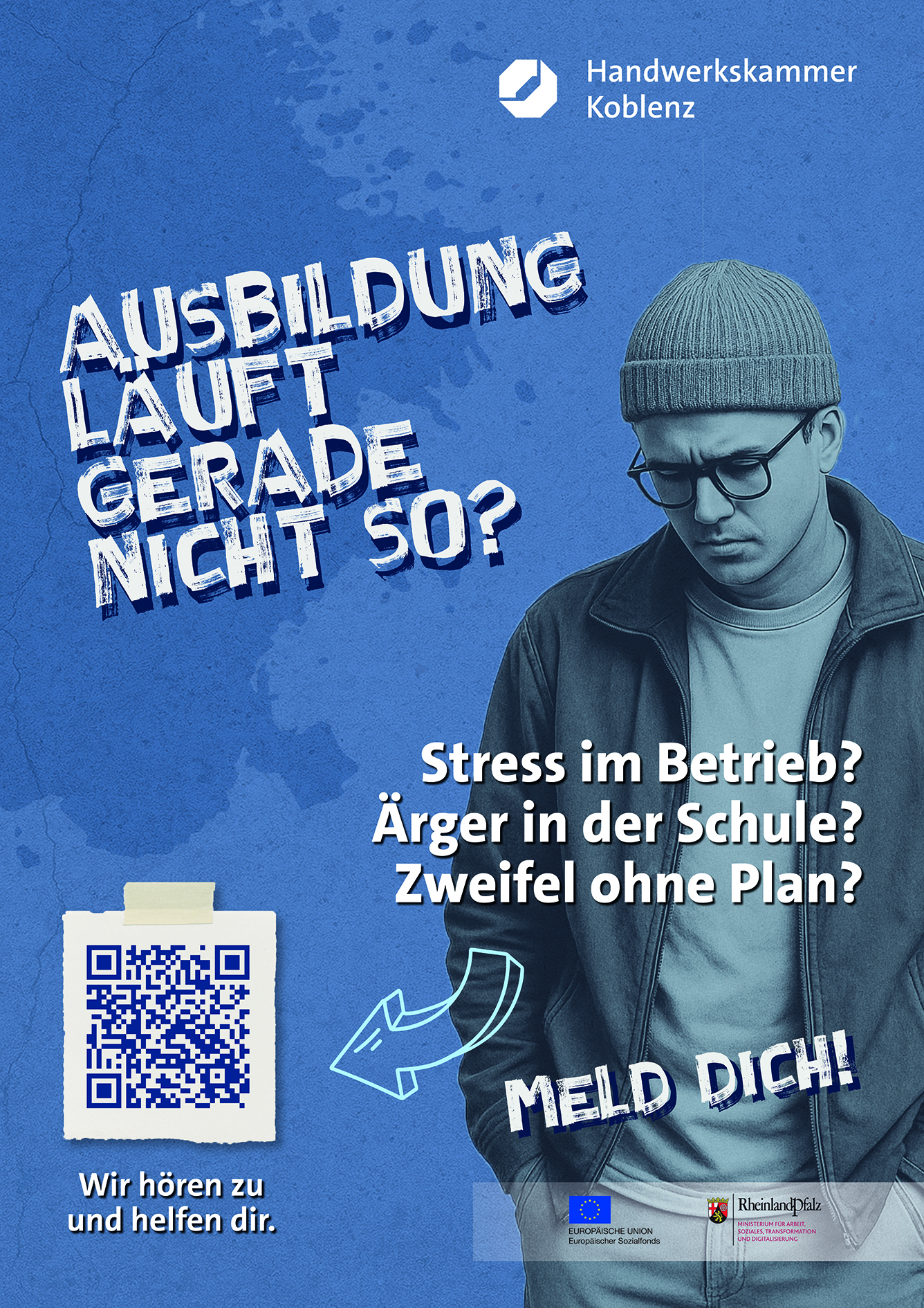 Neue Plakate in Berufsschulen machen Auszubildende auf die Unterst&uuml;tzungsangebote der HwK Koblenz aufmerksam. QR-Codes erleichtern die Kontaktaufnahme. Foto: © HwK Koblenz 