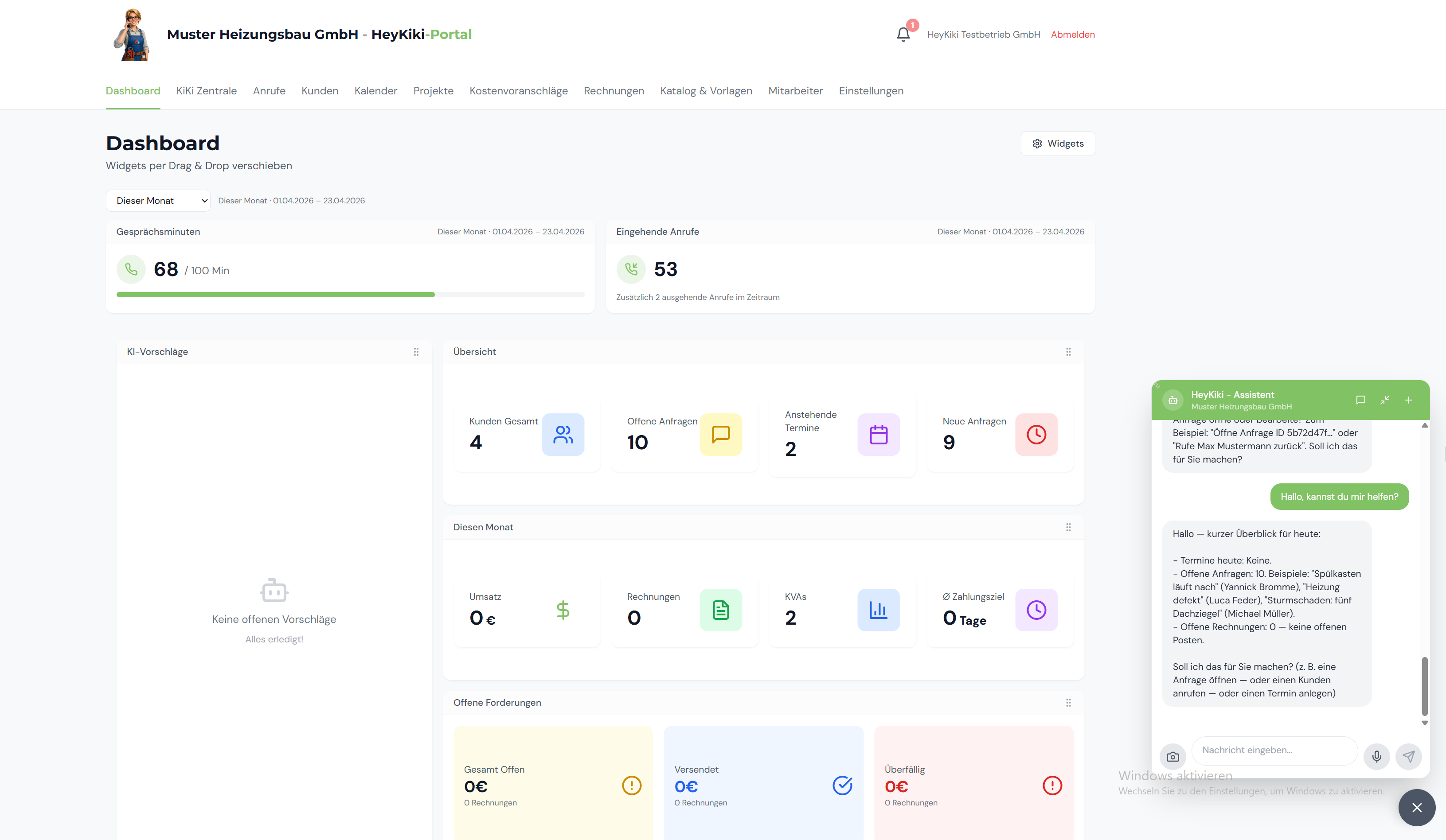 Dashboard der KI-Telefonistin Kiki Foto: © Kiki Chat GmbH