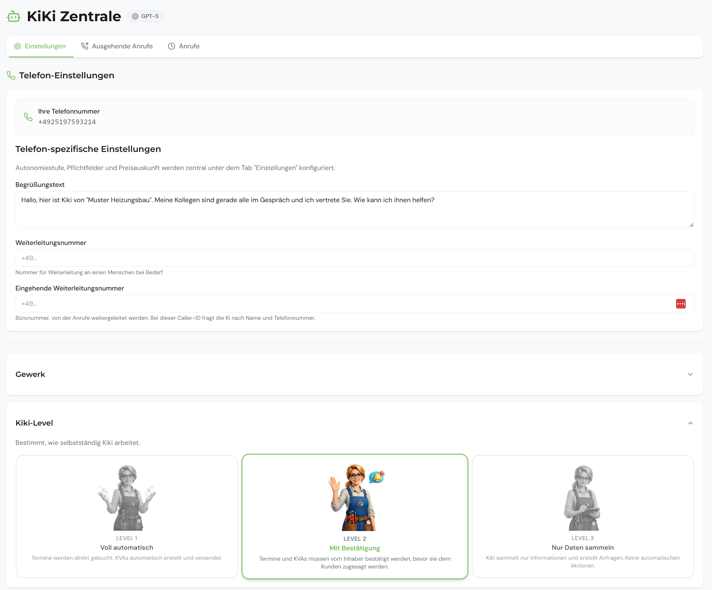 Nutzer der KI-Telefonistin k&ouml;nnen w&auml;hlen, wie selbstst&auml;ndig Kiki auf die Anrufe der Kunden reagieren darf. Foto: © Kiki Chat GmbH