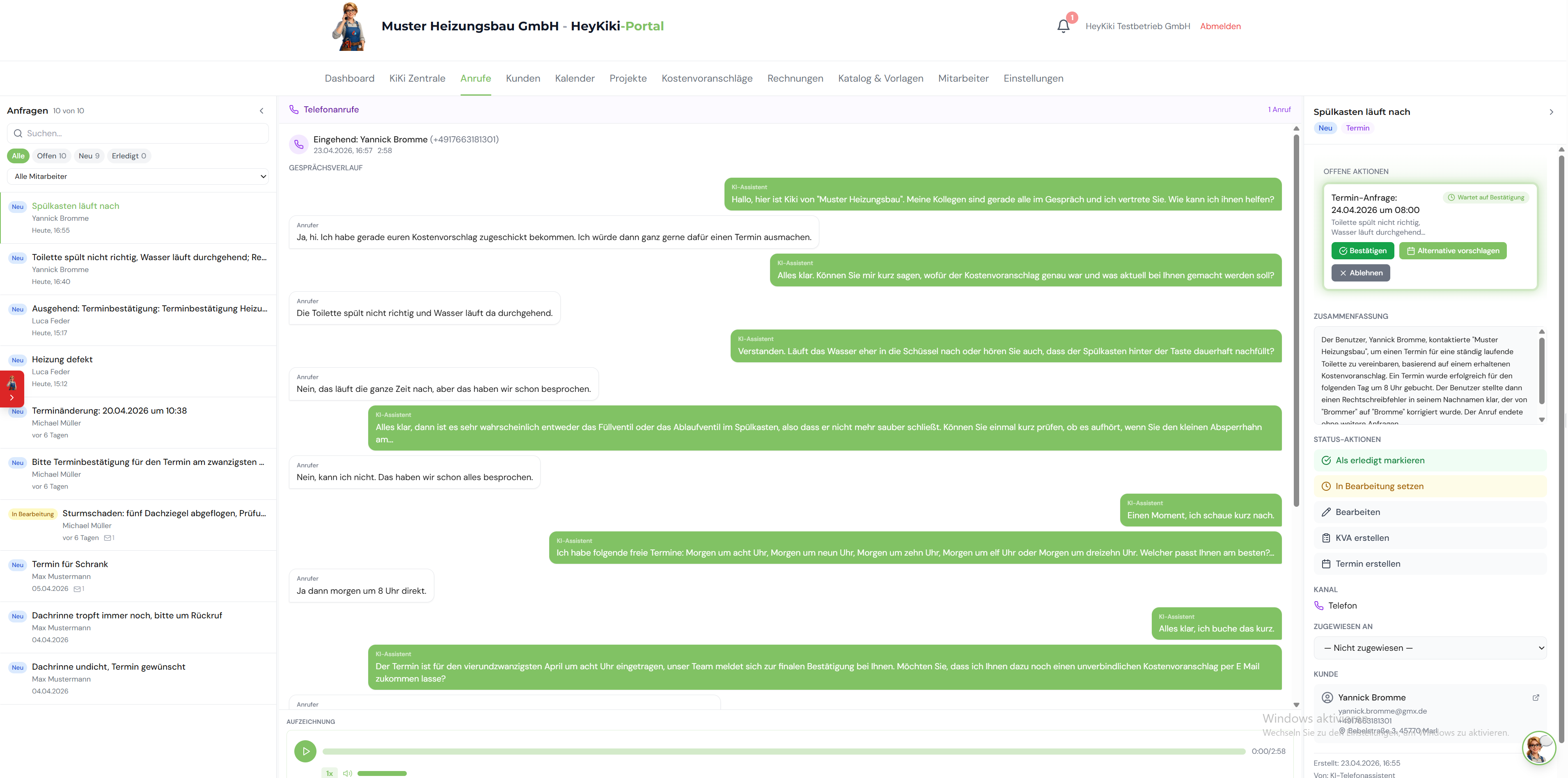 Der von Kiki angenommene Telefonanruf wird im System als Chat dargestellt. Foto: © Kiki Chat GmbH