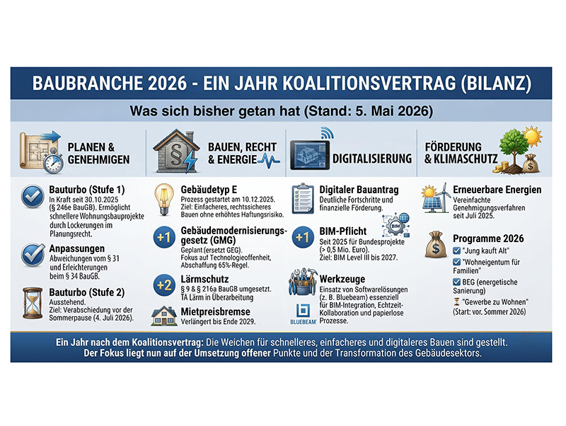 &Uuml;bersichtsgrafik zum aktuellen Stand im Bausektor &ndash; ein Jahr nach der Unterzeichnung des Koalitionsvertrags. Foto: © Tim Westphal/KI-Grafik 2026