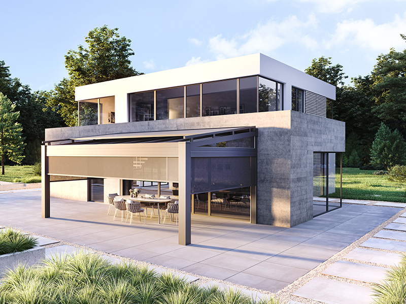 Dank seiner eindrucksvollen Spannweite eignet sich das Terrassendachsystem ideal für großzügige Überdachungen bei gastronomisch genutzten Objekten. Foto: © Heroal