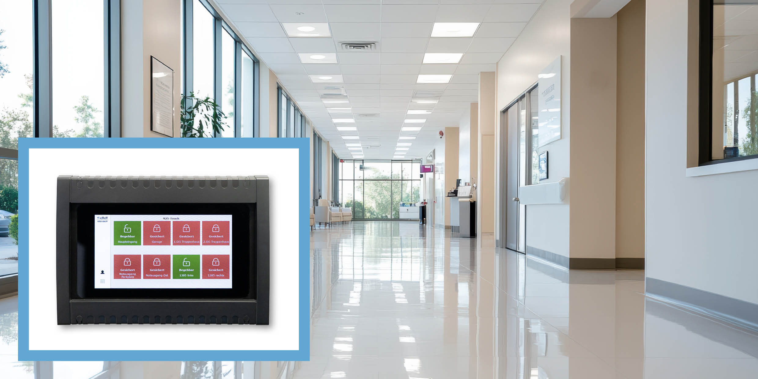 F&uuml;r h&ouml;heren Nutzerkomfort erlaubt das neue Bedientableau 925-Touch die komfortable Anzeige und das intuitive Bedienen von bis zu 24 Fluchtt&uuml;ren oder Gruppenfunktionen. Foto: © ASSA ABLOY Sicherheitstechnik GmbH