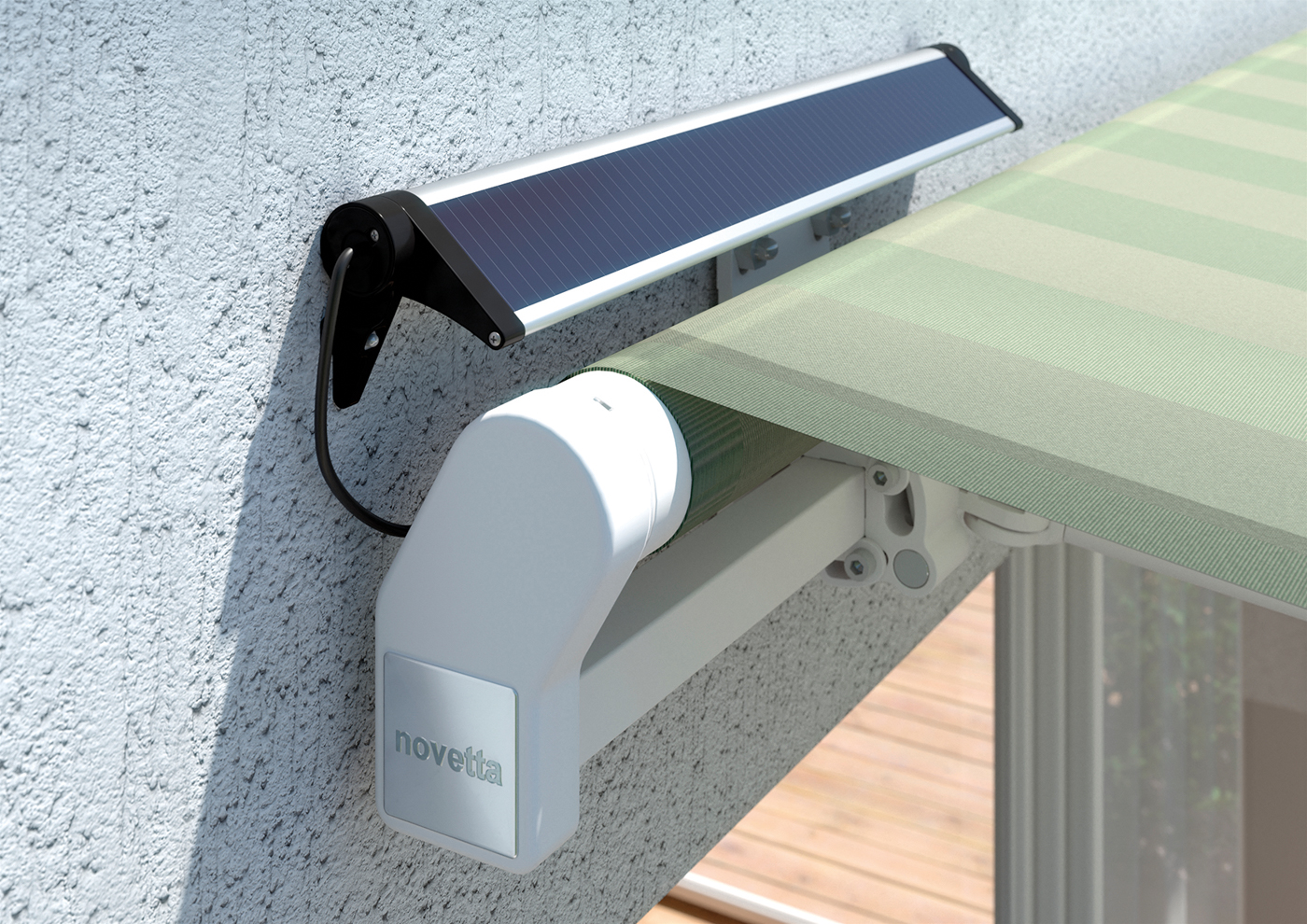 Die Energieversorgung erfolgt &uuml;ber ein Solarpanel, das oberhalb der Markise oder alternativ an einer anderen geeigneten Stelle montiert werden kann. Foto: © Nova Hüppe