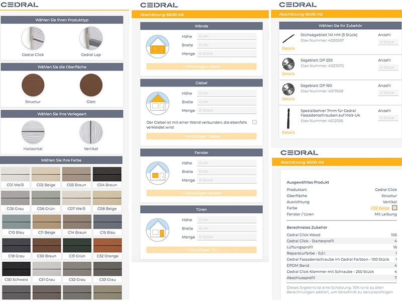 Produkt auswählen, Maße eingeben und Zubehör angeben: Mit dem neuen Cedral-Berechnungstool kann sich der private Bauherr für seine geplante Fassade mit Cedral Fassadenpaneelen das benötigte Material berechnen und auf Basis dessen ein Angebot erstellen lassen. Foto: © Eternit GmbH