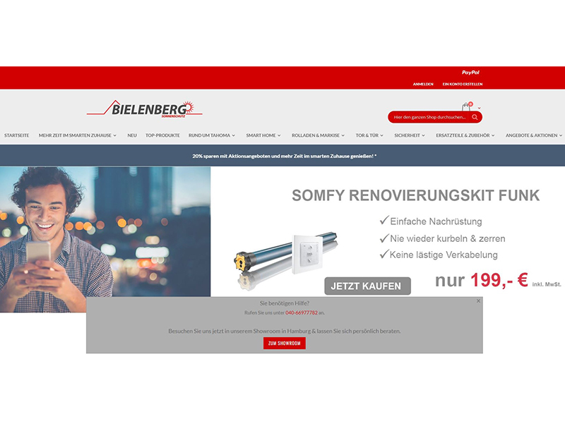 Ein Screenshot eines exemplarischen Experten-Onlineshops – hier vom Fachhändler Bielenberg Sonnenschutz in Hamburg. Foto: © Somfy