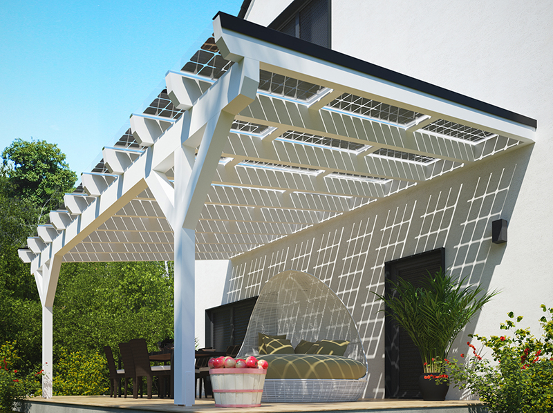 Dank der transparenten und luftigen Bauweise sorgt das Solarterrassendach für fließende Übergänge zwischen Haus und Garten. Foto: © Solarcarporte