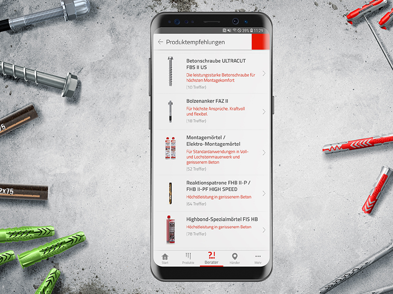 Ob per Touch auf das Smartphone oder per Klick auf die Maus: Mit dem fischer Professional Produktberater gelangen professionelle Anwender in wenigen Schritten zur jeweils richtigen Befestigungslö-sung für jeden Anwendungsfall. Das Tool gibt es sowohl als Funktion der fischer Professional App als auch als neue Web-Version für den PC. Foto: © fischer