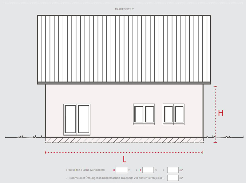 Für die einzelnen Seiten des Hauses, wie hier die Traufseite, werden jeweils die Grundflächen- und Dreiecksmaße angegeben sowie die Summe aller Öffnungen in Klinkerflächen. Foto: © Hagemeister GmbH & Co. KG