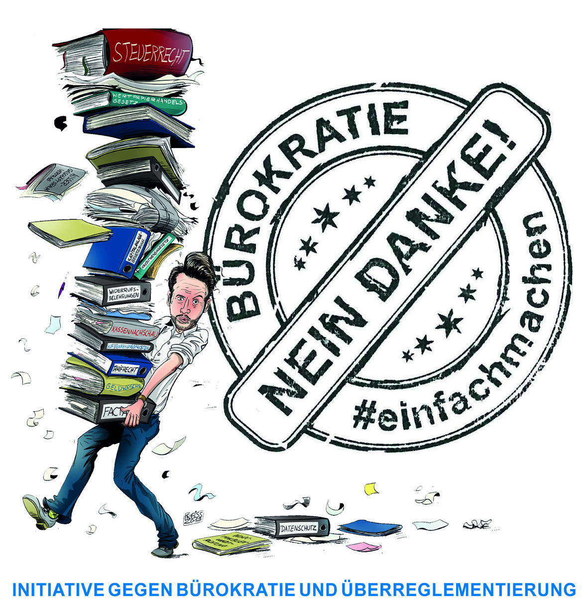 Mit dieser Karrikatur und dem Nein-Danke-Stempel machen die KH und Kreditinstitute auf ihr Anliegen des Bürokratieabbaus aufmerksam. Foto: © Kreishandwerkerschaft Steinfirt-Warendorf