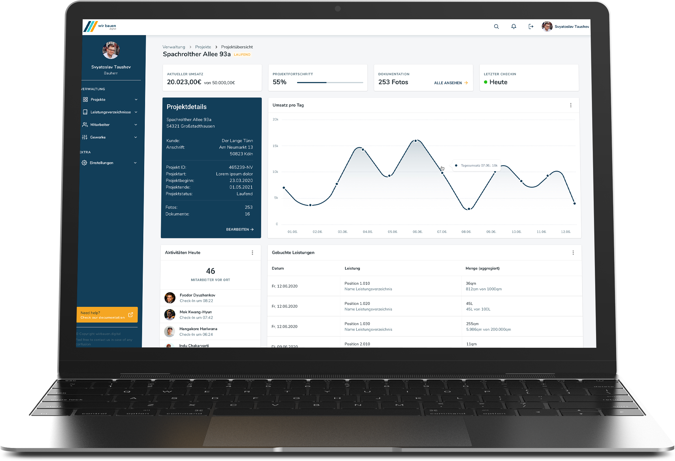 Die gesammelten Daten werden in Echtzeit ans Büro des Handwerkers übermittelt, wo sie über die Web-App von wirbauen.digital ausgewertet und grafisch dargestellt werden. Foto: © wirbauen.digital