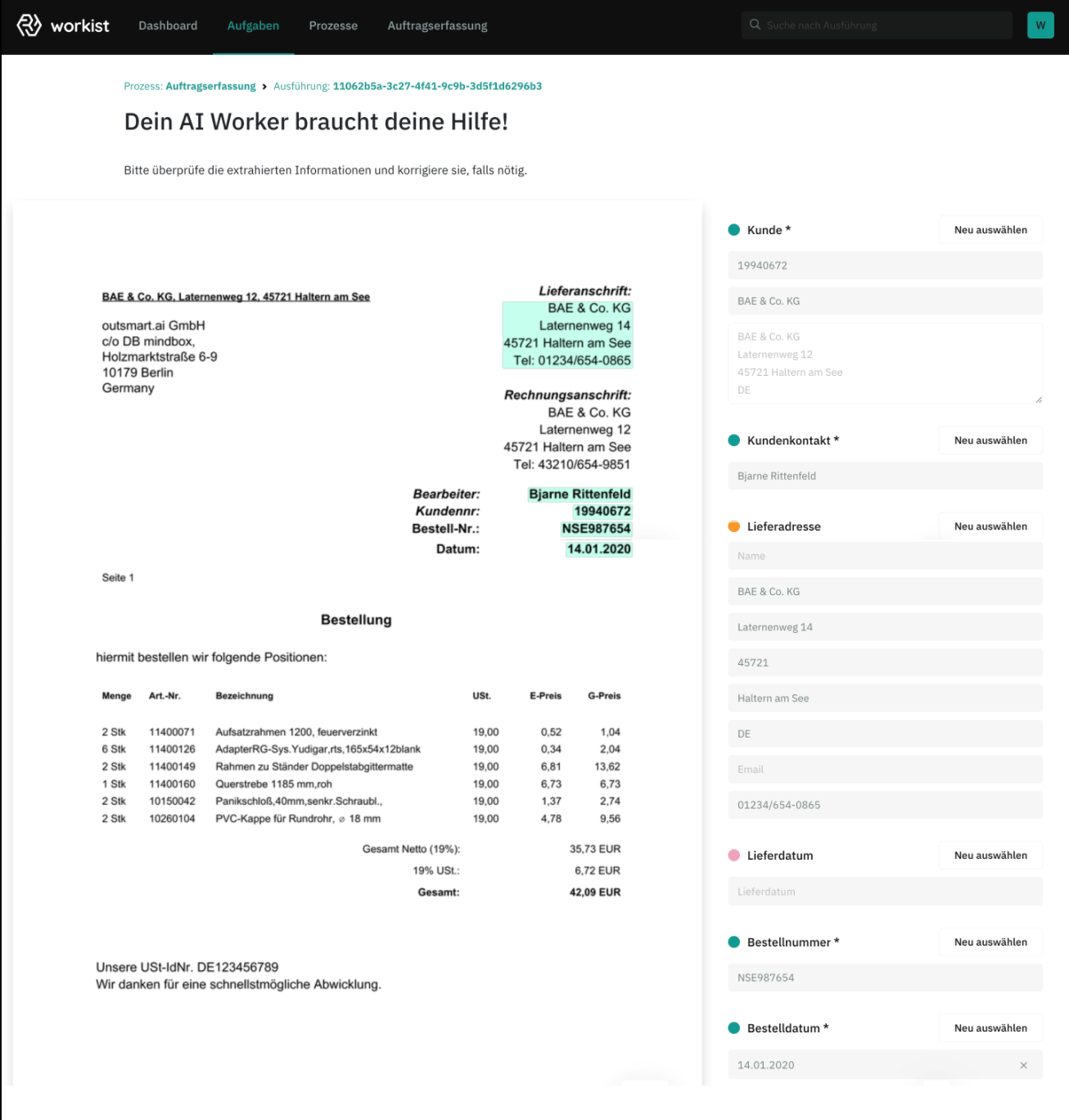 Sobald der AI Worker Daten aus einem Dokument nicht zuordnen kann, geht ein Hilferuf an einen Sachbearbeiter raus. Foto: © Screenshot Workist