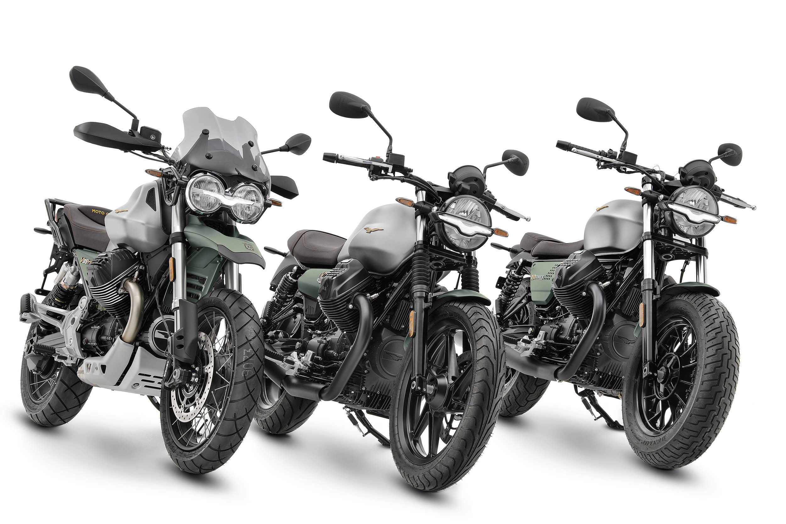 Drei neue Modelle zum 100-Jahre-Jubiläum (v.l.): V85 TT Centenario, V7 Stone Centenario und V9 Bobber Centenario. Foto: © Piaggio