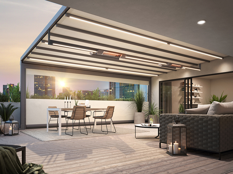 Ausgestattet mit wasserdichten Tüchern, mit LED-Licht, Wärmestrahlern und zusätzlichen Vertikal- oder Seitenmarkisen, lässt sich der Freisitz fast das ganze Jahr über nutzen. Foto: © Markilux