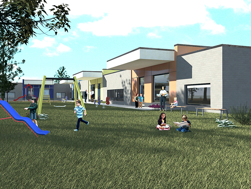 Eine Vorschau: Die Kindertagesstätte in Mönchengladbach wird nach Fertigstellung mit 57 Kömmerling ReFrame Elementen in den Farben außen Schiefergrau und innen Weiß ausgestattet sein. Foto: © Profine