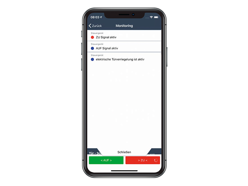 Anzeige der Türsignale als Pushnachrichten. Die farbliche Markierung zeigt an, woher der Befehl kommt. Status- und Fehlermeldungen werden so ebenfalls angezeigt. Foto: © Meiller Anzeige der Türsignale als Pushnachrichten. Die farbliche Markierung zeigt an, woher der Befehl kommt. Status- und Fehlermeldungen werden so ebenfalls angezeigt. Foto: © Meiller