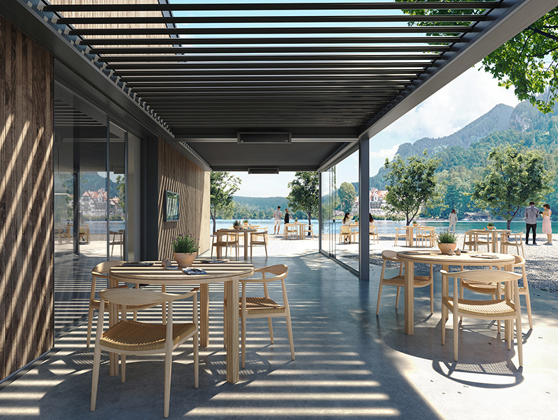 Als Reihenanlage wird die Lösung elegant über einen mittigen Pfosten verbunden. Foto: © Warema