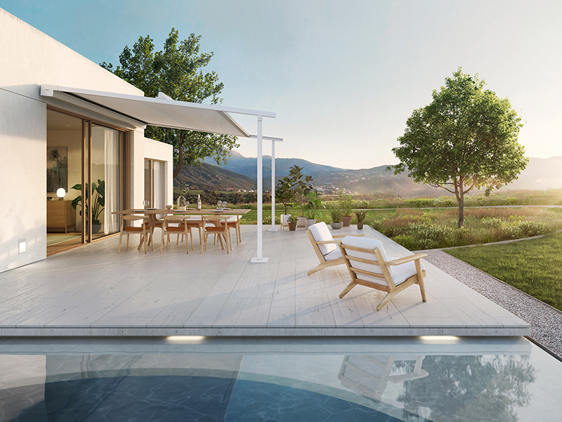 Sehr stabil und gleichzeitig edel zeigen sich die Pergola-Markisen. Foto: © Warema