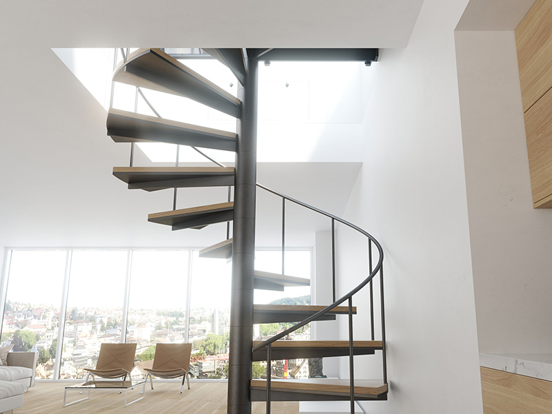 Die quadratische Form des Lamilux Flachdach Ausstieg Komfort Quadrat ermöglicht es erstmals auch Wendel- und Podesttreppen darunter zu nutzen und die Räume so besonders puristisch zu gestalten. Foto: © Lamilux