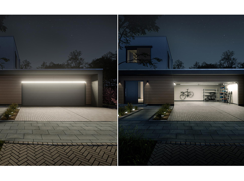 Die Außenbeleuchtung für Garagentore illuminiert die gesamte Einfahrt und punktet mit filigraner und eleganter Optik. Foto: © Teckentrup