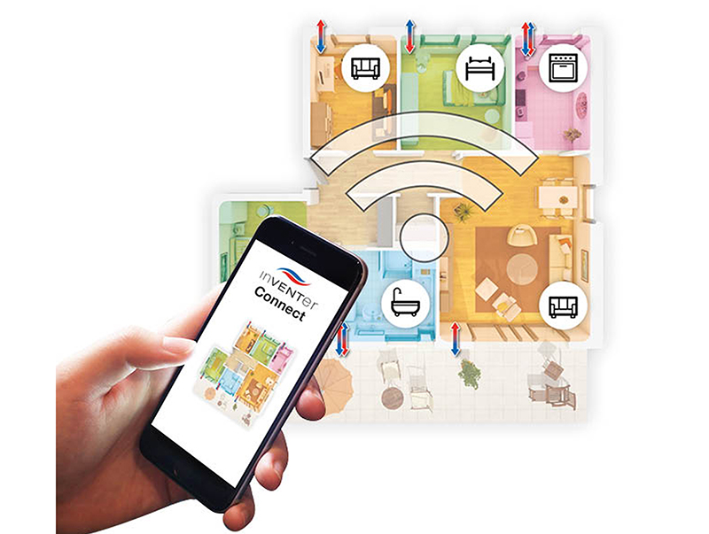 Kabellos, lautlos, unsichtbar: Auf der Indoor Air präsentiert inVENTer die neue Lüftungssteuerung inVENTer-Connect. Mit Connect entfällt die aufwändige Verkabelung der Geräte – Sensoren sorgen außerdem für optimale Raumluftqualität. Foto: © inVENTer GmbH, Löberschütz